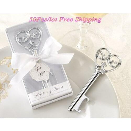 50Pcs/lot) Silver Heart Wedding celebrations gift Silver Gift Key To My Heart Wedding Bottle Opener Party favors and Keepsakes