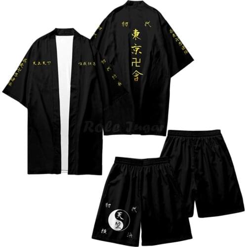 Anime Tokyo Revengers Tenjiku Cosplay Costume Summer Loose Men Women Red / Black Cardigan Kimono Cloak Tshirt Shorts C35M268