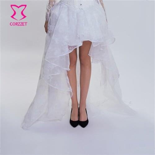 White Floral Chiffon Front Short Back Long Asymmetrical Victorian Wedding Skirt Plus Size Sexy Club Wear Gothic Steampunk Skirt