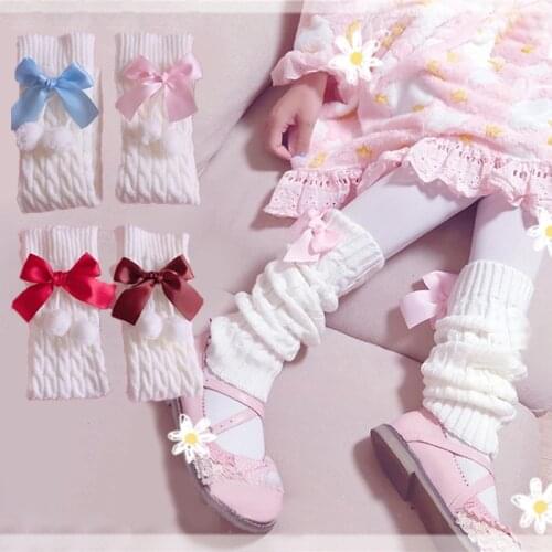 Lolita Bowknot White Knit Leg Warmers Japan College Style JK Uniform Loose Boots Slouch Women Socks Foot Warming Cover