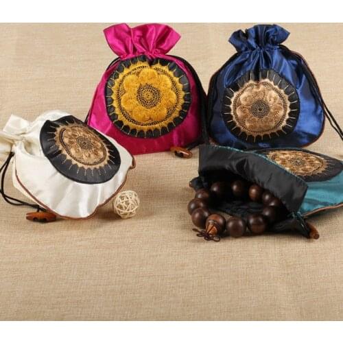 Large Embroidery Sun Travel Jewelry Packaging Pouch Drawstring Satin Cloth Cosmetic Lavender Gift Bag Candy Tea Storage Pack 2pc