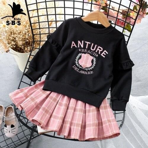 Childrens Autumn Clothes New Arrival Girls' Printed Letter Long Sleeve Top + Plaid Short Skirt Two-piece College Style Suit
