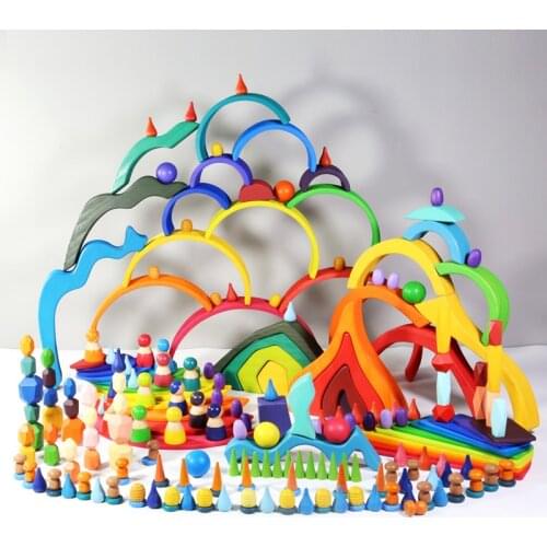 Baby Toys Large size Rainbow Building Blocks Wooden Toys For Kids Creative Rainbow Stacker Montessori Educational Toy Children