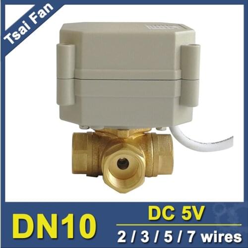 TF10-BH3-A 3 Way Horizontal T/L Type Brass 3/8'' (DN10) Motorized Ball Valve Metal Gear DC5V 2/3/5/7 Wires For Water Control