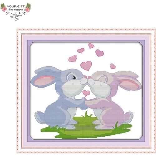 Joy Sunday C624 14CT 11CT Counted and Stamped Home Decor Rabbit Kiss Needlework Needlepoint Embroidery DIY Cross Stitch kits