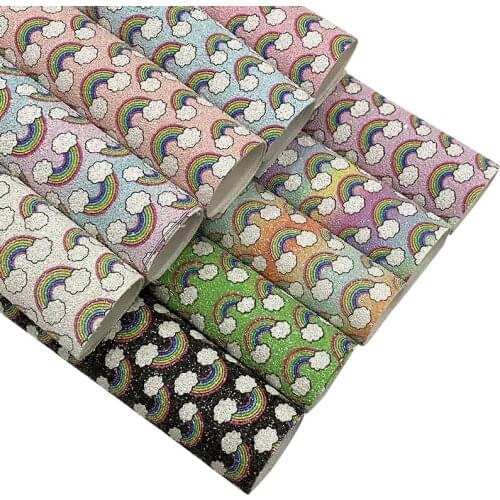 Rainbow Cloud Pattern Printed Matte Chunky Glitter Faux Leather Fabric for Making Shoe/Bag/DIY Accessories/Decorative