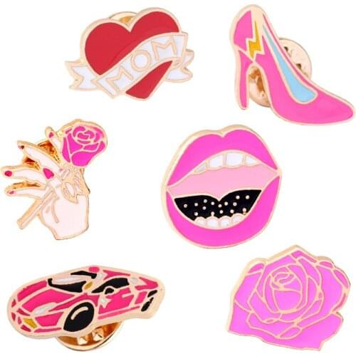 Cute ribbon mom heart pins rose gift Enamel Pin Lapel Badge High heels Lips brooh Badges hand Carnation Racing Car Birthday Gift