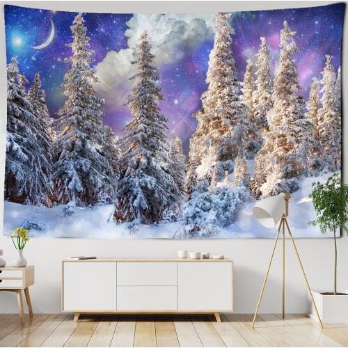 Snow Night Scenery Tapestry Wall Hanging Pine Tree Colorful Starry Sky Hippie Simple And Fresh Bohemian Room Decor