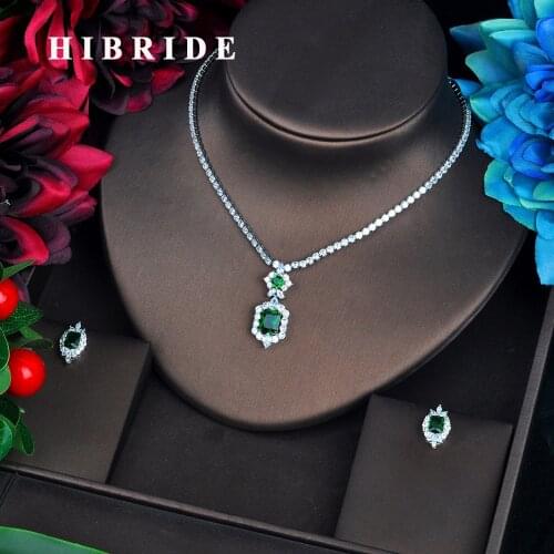 HIBRIDE Newly Green Color Jewelry Sets Luxury Sparkling Cubic Zircon Wedding Earrings Necklace Jewelry Sets Heavy Dinner N-577