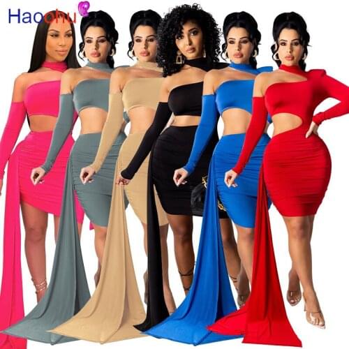 One Shoulder Waist Band Cut Out Party Dress Women Sexy Long Sleeve Open Back Night Club Dresses Elegant Bodycon Birthday Outfit