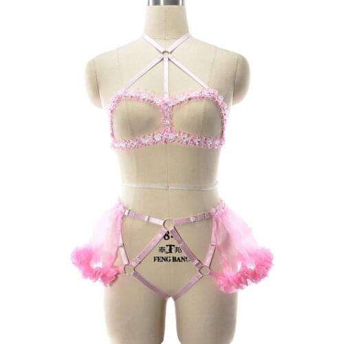 Original Design Pink Body Harness Set Dream Body Cage Bra Belt Bondage Sexy Wedding Lingerie Kawaii Perspective Bottom G String