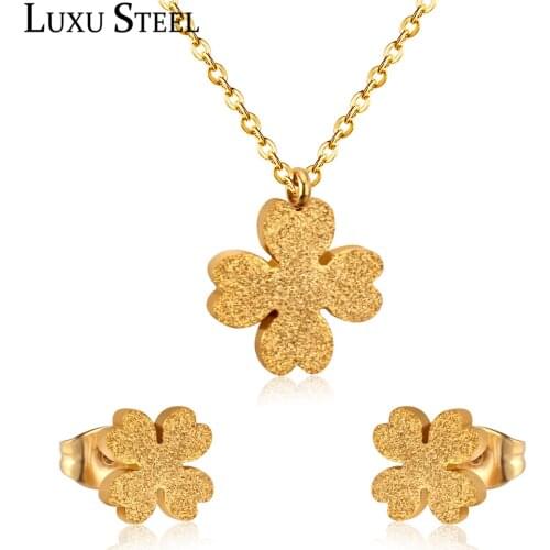 LUXUSTEEL aretes necklace and earing set Mujer Accessories Gold Color Froseted Flower Shape Pendant Necklace Colliers Collars