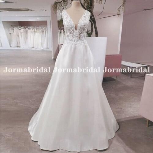 Floral Applique Wedding Dress V-Neck Long vestidos de novia Backless See Through Women Bridal Gown Vestido De Festa De Casamento