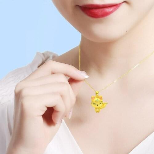 24K Yellow Gold Pendant 3D 999 Gold Fox Coin Girl Necklace Pendant 2g