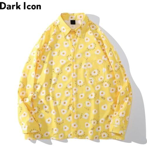 Dark Icon Egg Floral Yellow Shirt Men Autumn Turn-down Collar Korean Mens Shirts 2 Colors