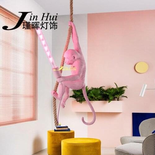 Modern Creative Resin White Monkey Lamp Loft Vintage Hemp Rope Pendant Light For Home Bar Cafe Retro Hanging Pendant Lamp