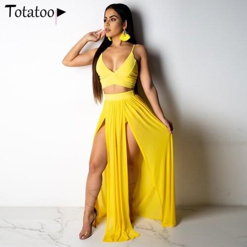 Totatoop Crystal Buckle Bikini 2 Piece Set Halter Hollow Out Bra Push Up Swimsuit Long Skirt Cover Up High Split Sexy Swimwear