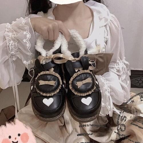 Rabbit Ear Style Lolita Retro Bow Shoes Anime Goth Cosplay Shoes Belt Flats Jk Uniform Student Female Sweet Girls Kawaii Lolita