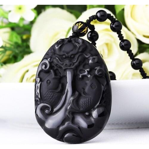Great 40x53mm Chinese Handwork Black Obsidian Carved frosted Amulet Lucky Oriental Leaping Fish Dragon pendant necklace