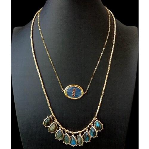 Y·YING Bohemian Chain Necklace Natural Blue Kyanite Labradorite Charm 18"