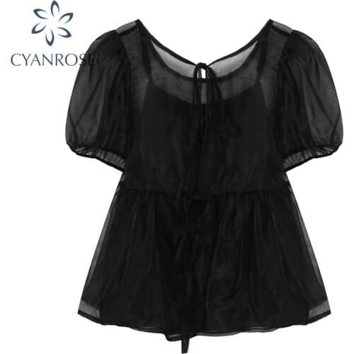 Organza Bubble Sleeve Blouse Womens 2021 Summer Mesh Crop Top And Vest Fashion Holiday Shirts Sweet Elegant Ladies Partywear