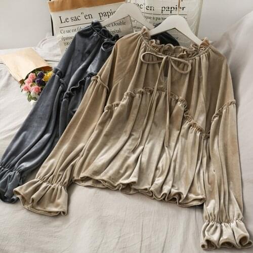 OUMENGKA Solid Color Womens Velvet Shirt 2020 Autumn New Women Long Sleeve Blouse Casual Overysize Loose Blouses Lady Tops