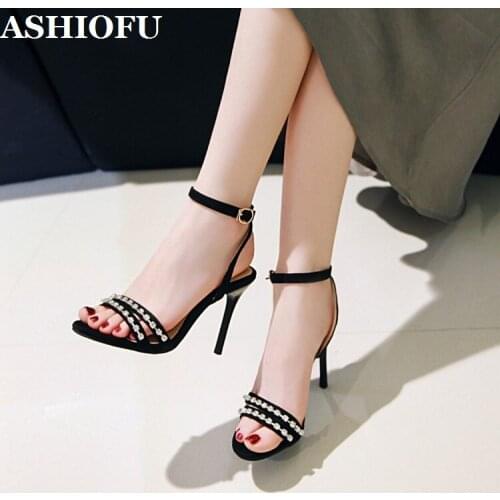 ASHIOFU Wholesale New Ladies Stiletto Heels Sandals Crystal Party Prom Open-toe Summer Shoes Ankle Strap Evening Fashion Sandals