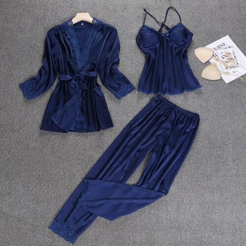 Ladies Silk Satin Sleepwear Set Lace Robe Pajama Set Summer Bathrobe+Slip Top+Pant 3 Pieces Fashion Nightwear Homewear For Women