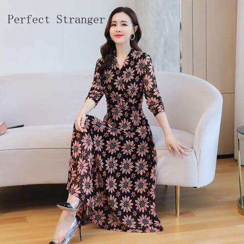 2020 M-4XL Hot Sale Elegant V Collar Flower Printed Long Sleeve Women Chiffon Long Dress