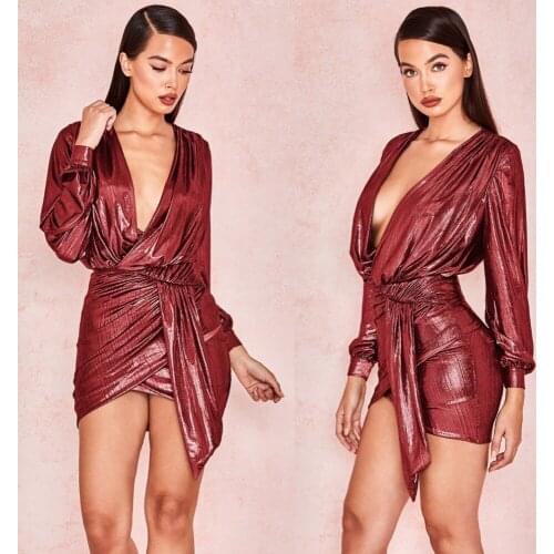 2019 deep V collar plain irregular long sleeve dress 1pcs/lot