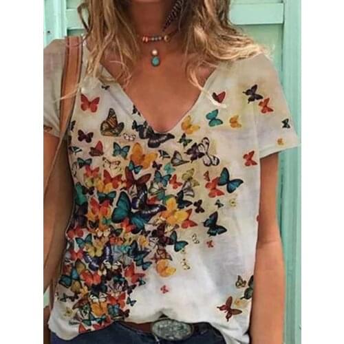 2021summer Fashion Hot Sale Sexy Butterfly Printed V Neck Short Sleeve Ladies T Shirt Top Graphic Tee Shirts for Women Vintage