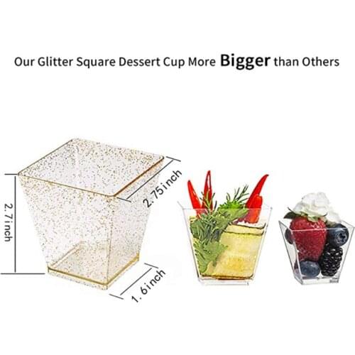 50 Pack 2oz Gold Glitter Medium Plastic Dessert Cups With 50 Spoons Square Dessert Bowls for Tasting Party Desserts