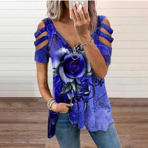 Women Tees Female Rose Print Off Shoulder Summer Zipper Boho Sexy Casual Tops Femme Hole Out Ladies T Shirts