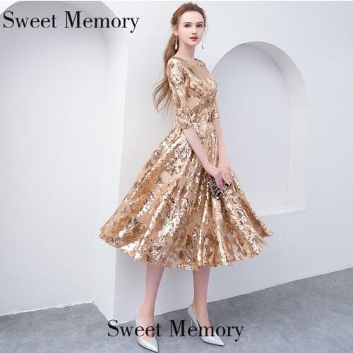 J0115 Women Vestido Half Sleeve Gold Evening Dress Party Dresses Graduation Gowns Golden Robe De Soiree Sweet Memory