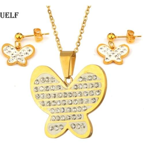 UELF Gold Butterfly Stud Earrings Necklace Jewelry Sets for Girls Children Stainless Steel Jewelry Kids Gifts Wholesale