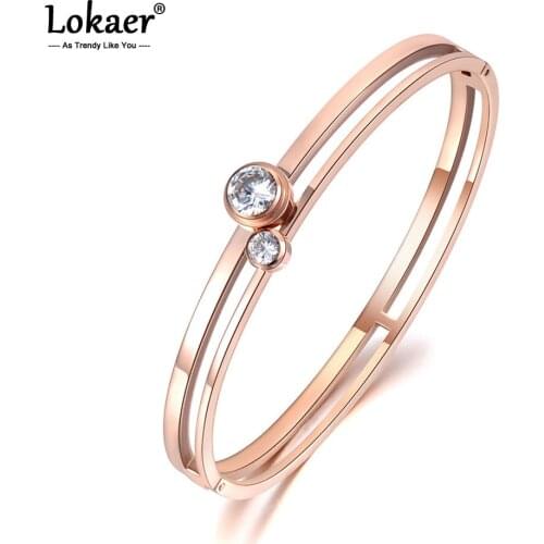 Lokaer Trendy Stainless Steel 2Pcs Cubic Zirconia Cuff Engagement Bangles Bracelets Lovers Jewelry Valentines Day Gift B19029