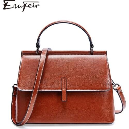 New 2019 ESUFEIR Oil Wax Leather Women Handbag Top Handle Bags for Women Fashion Shoulder Bag Cover Zipper Cross body Bag bolsos