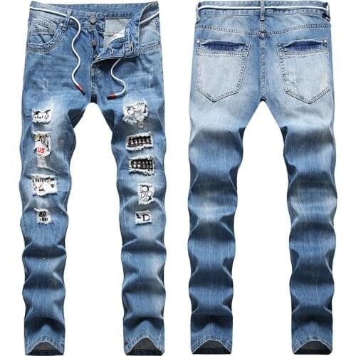 2021 Men’s Slim-fit Ripped Patched Denim Pants Jeans,Paint Spots Printed Street Fashion Light Blue Jeans,Youth Must