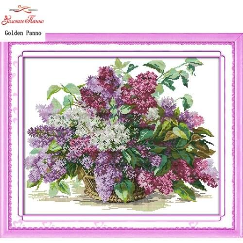Golden Panno,Lilac Counted Cross Stitch 11 14CT Cross Stitch Sets Flowers Cross Stitch Kits for Embroidery Home Decor 0123