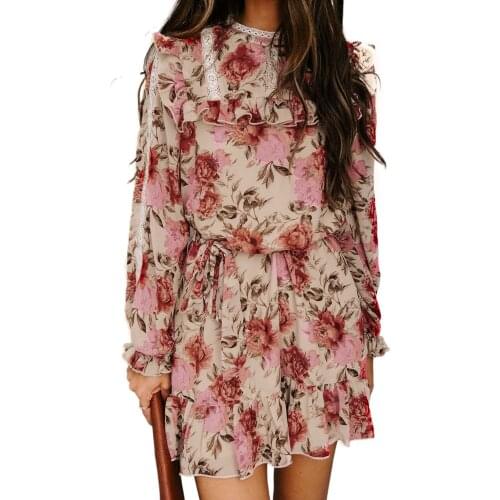 Long Sleeve Ruffled Floral Outfits with Waist Tie
