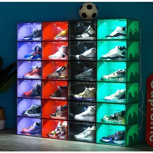 Shoes Boxes Voice Control LED Sneaker Storage Box Magnetic Side Open Shoe Storage Case Clear Display Case Dustproof Shoe Cabinet
