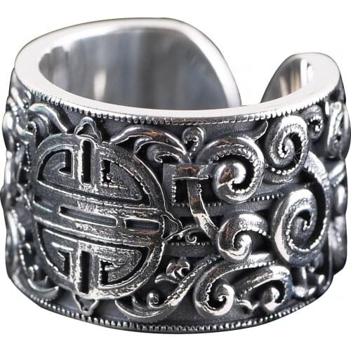 Real Shot S925 Sterling Silver Jewelry Mens Ethnic Style Tanggrass Pattern Adjustable Ring New