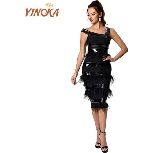 Yinoka sexy bandage dresses for women black tassel women party wear evening luxury elegant bodycon dress knee length sleeveless