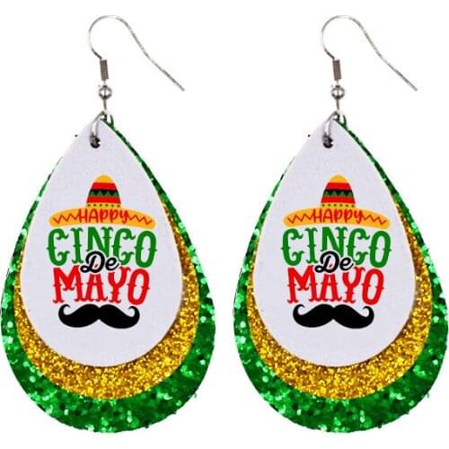 Carnival Party Mexico Cinco De Mayo Faux Leather Earrings Triple Glitter Teardrop Earrings Cерьги 2021