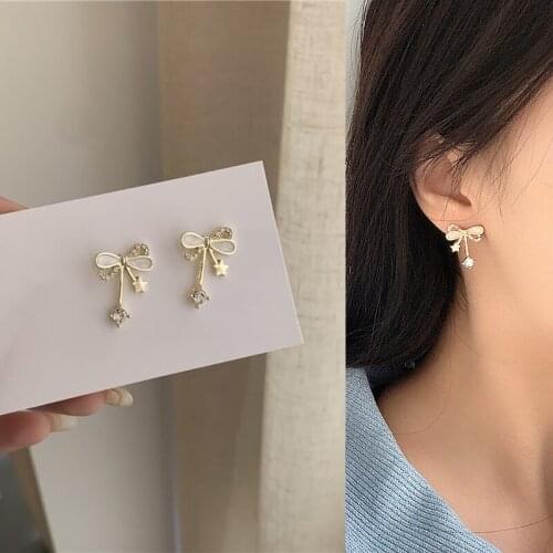Elegant Rhinestone Zircon Metal Star Bow Pendant Drop Earrings for Women Girls Teen Cute Bowknot Earrings 2021 Trend New Arrival