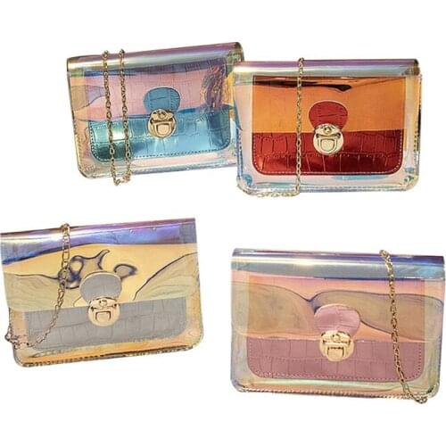 Women Transparent Crossbody Bags Purse Fashion Holographic Clear Shoulder Messenger Bag with Chain Strap Rainbow Laser Bag