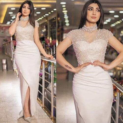 SuperKimJo Vestidos Elegantes White Evening Dresses Long High Neck Beaded Mermaid Modest Elegant Evening Gowns Vestido De Festa