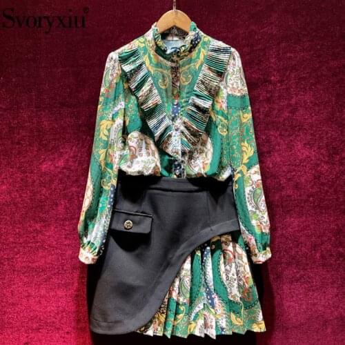 Svoryxiu 2021New Runway Designer Summer Elegant Skirt Suit Womens Long Sleeve Print Blouse + Mini Skirt Plus Size Two Piece Set