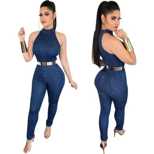 Blue Denim Jumpsuit Romper Women Summer Fashion Sleeveless Back Zipper Sexy Bodycon Jumpsuits Long Pant Jeans Jumpsuits Overalls