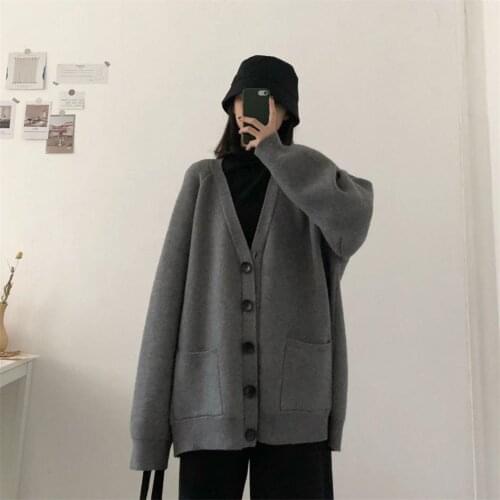 Korean New Cardigan Women V-neck College Style Retro Vintage Single Breasted Teens Knitted Outerwear All-match Female Sweater